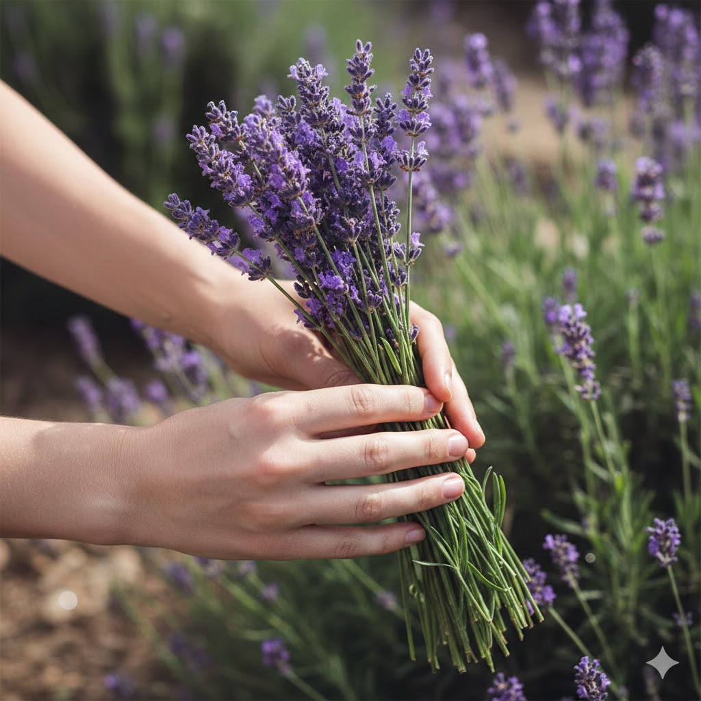 Hand met lavendel in zacht avondlicht